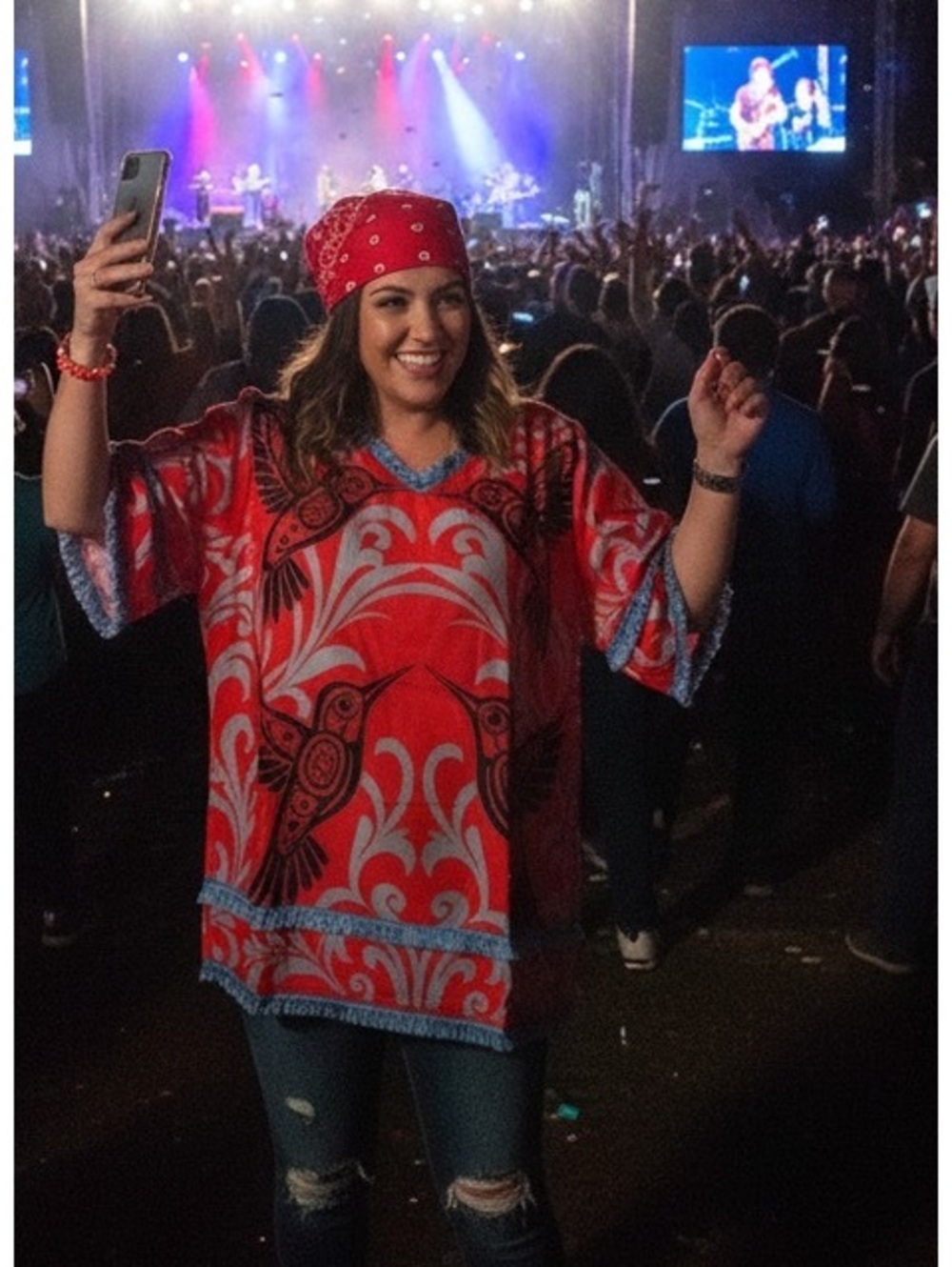 Vibrant Red and Blue Fringe Hummingbird Print Top XXL